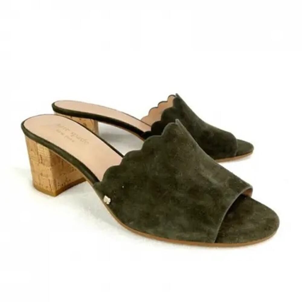 KATE SPADE SCALLOPED GREEN SUEDE OPEN TOE HEELS SIZE 7